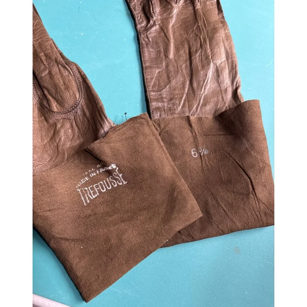 VTG Trefousse Dark Brown Kid Leather Unlined‎ Gloves France